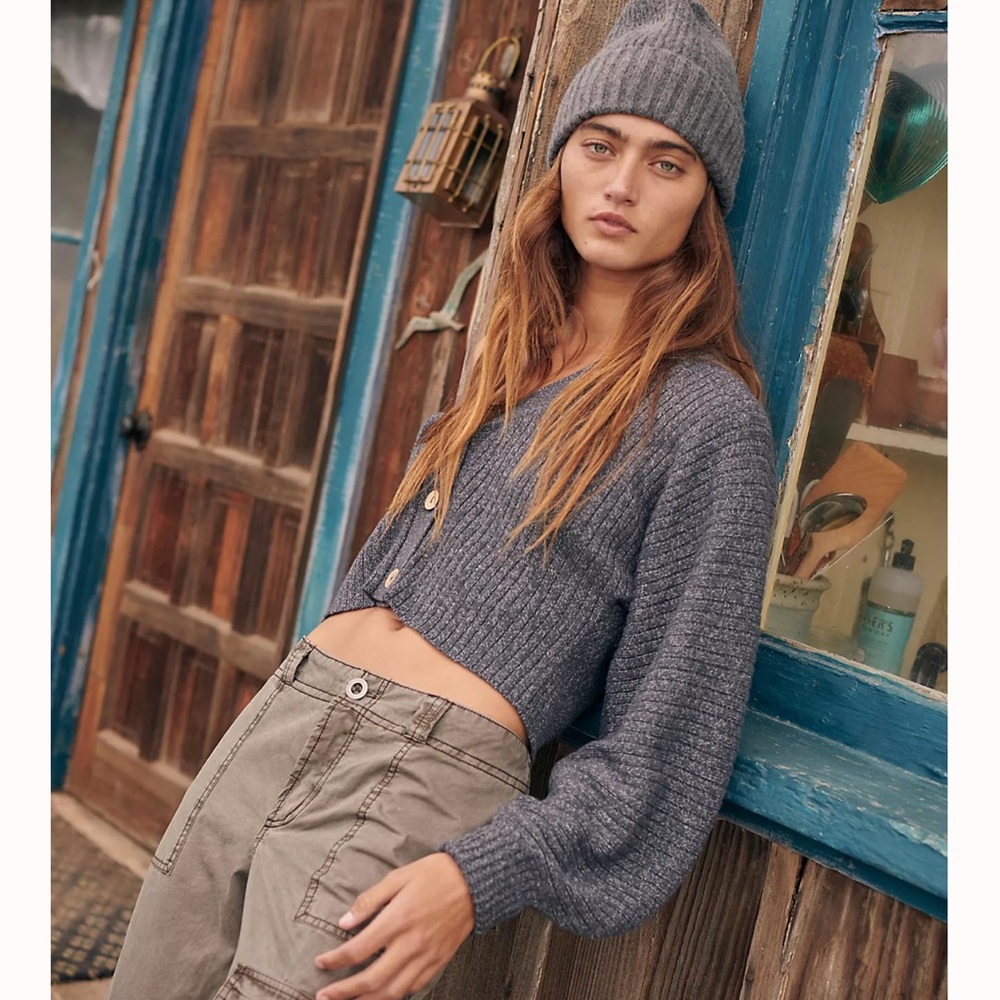 Free People Beach James Ribbed Balloon Sleeve Cropped Cardi Cardigan Grey Slate